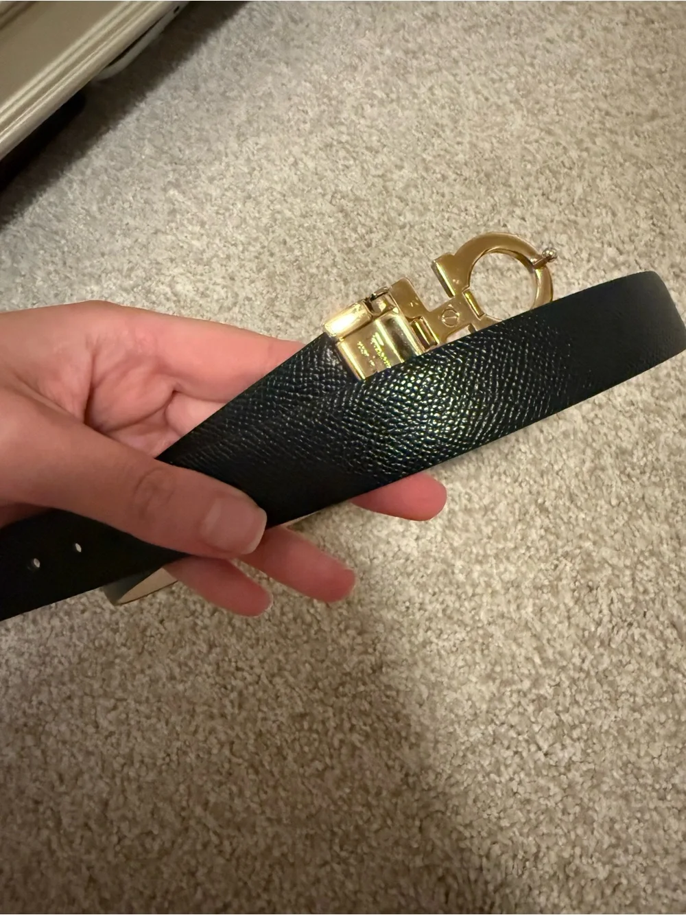 Salvatore Ferragamo Beige Leather Belt with Gold Gancini Buckle